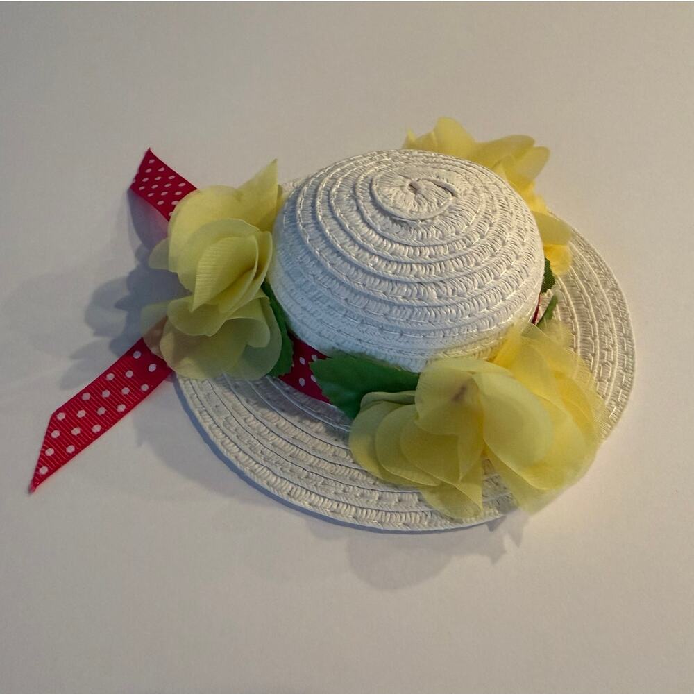 White Straw Miniature Dog Sun Hat Yellow Flowers Red Polka Dot Ribbon Easter